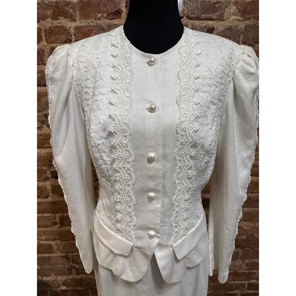 90’s Jessica McClintock White Linen Lace Skirt Suit 12 wedding bridal courthouse - Picture 2 of 15